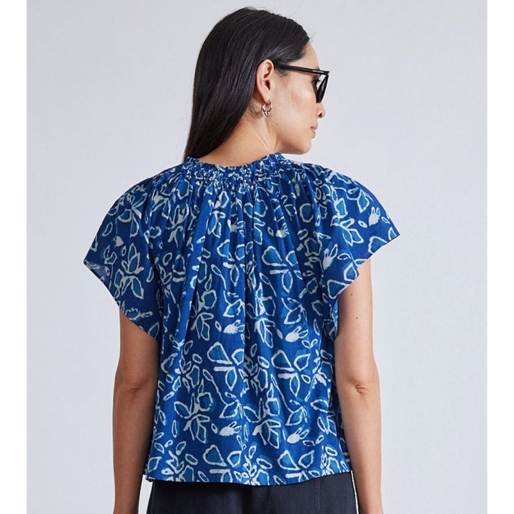 Apiece Apart Patricia Flutter Sleeve Floras Dabu Indigo Blouse Size Small - Picture 9 of 9